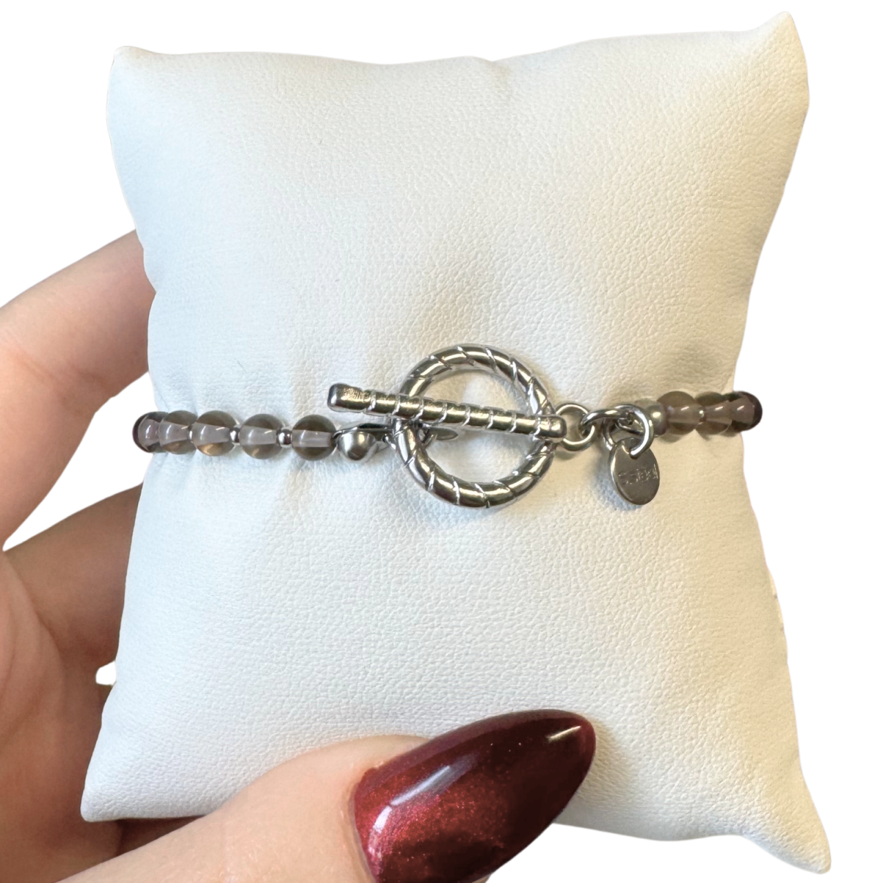 Bratara argintie din cuart fumuriu si otel inoxidabil cu inchizatoare toggle [2]