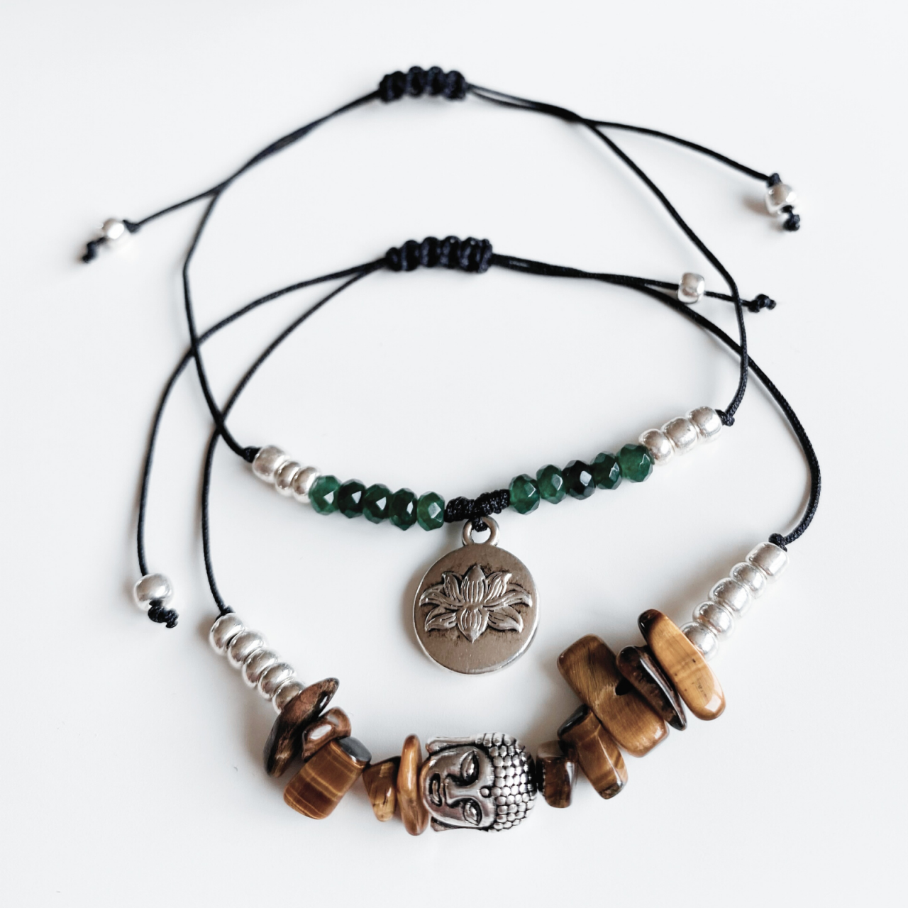 Set bratari cristale naturale de ochi de tigru si jad verde  - Buddha si Floare de lotus - succes si abundenta [3]