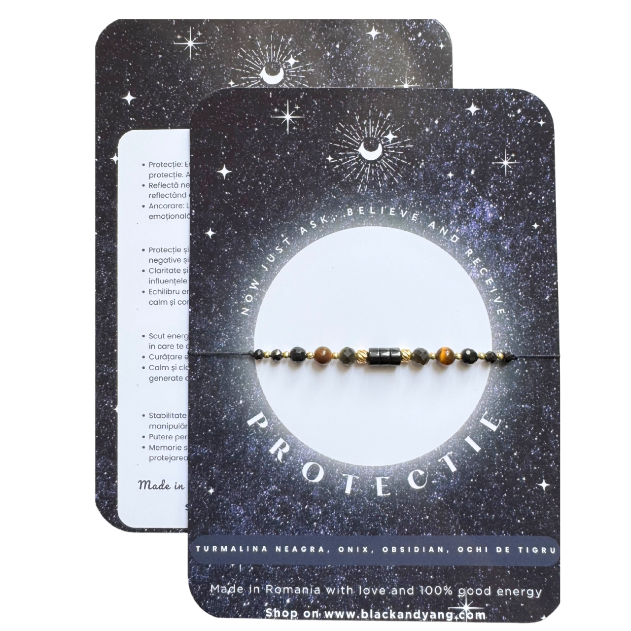 Bratara energetica mix cristale pentru protectie - turmalina neagra, onix, obsidian, ochi de tigru - auriu [1]