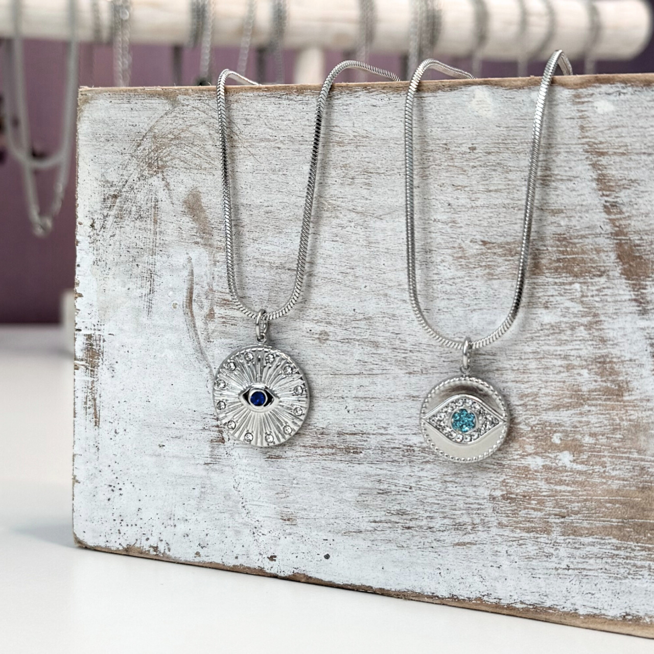 Colier Evil Eye din otel inoxidabil cu strasuri albe si bleu - Protectie energii negative [4]