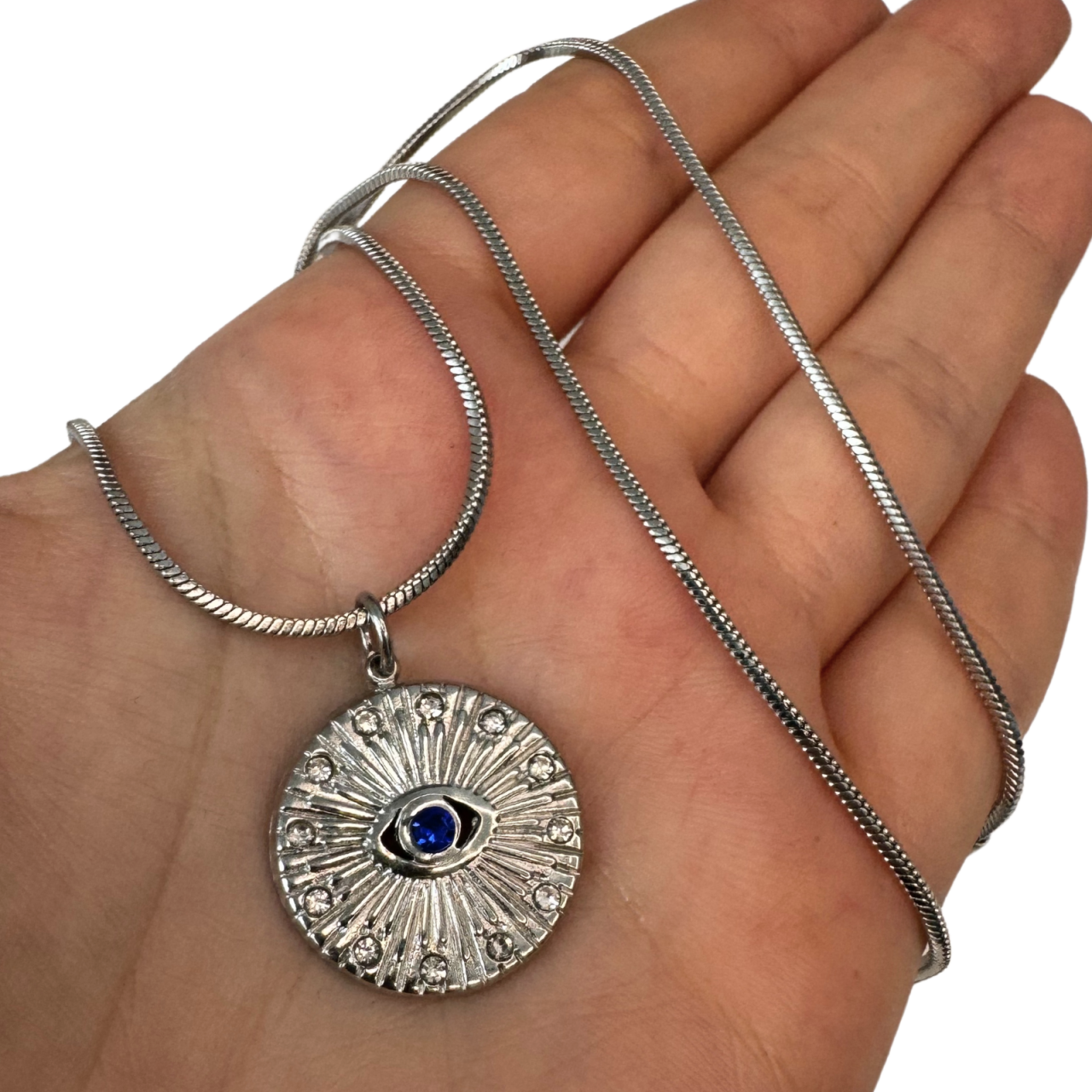 Colier Evil Eye din otel inoxidabil cu strasuri bleumarin si albe - Protectie energii negative [2]