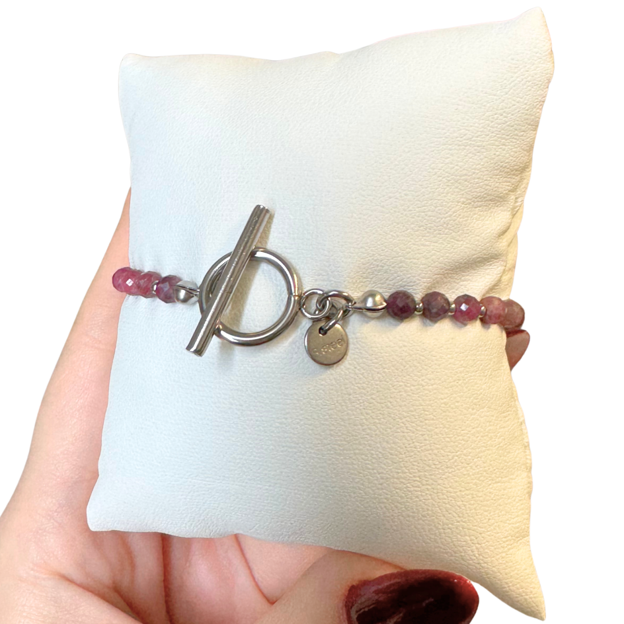 Bratara argintie din turmalina roz si otel inoxidabil cu inchizatoare toggle [3]