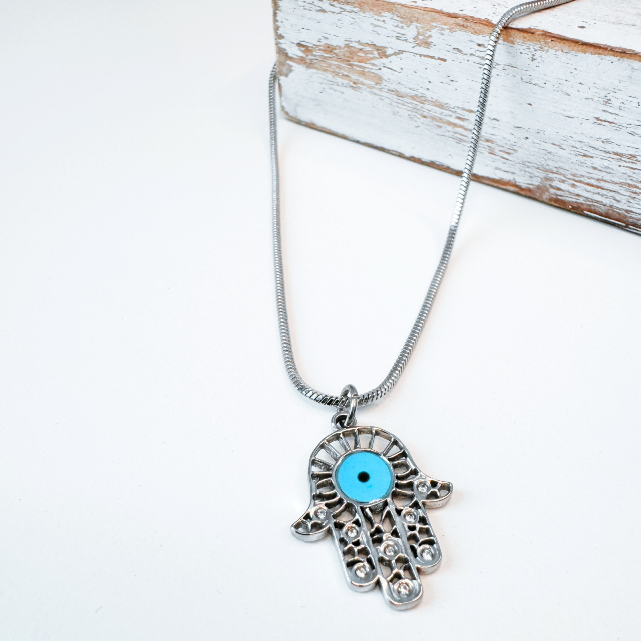 Colier Hamsa din otel inoxidabil cu Evil Eye bleu - Protectie energii negative [2]