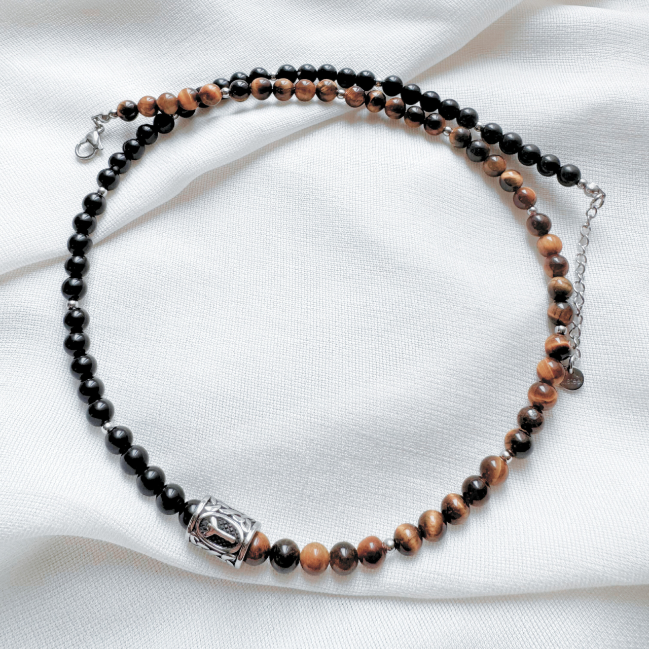 Colier barbati ochi de tigru, obsidian si pandativ Rune Vikinge - Algiz [2]