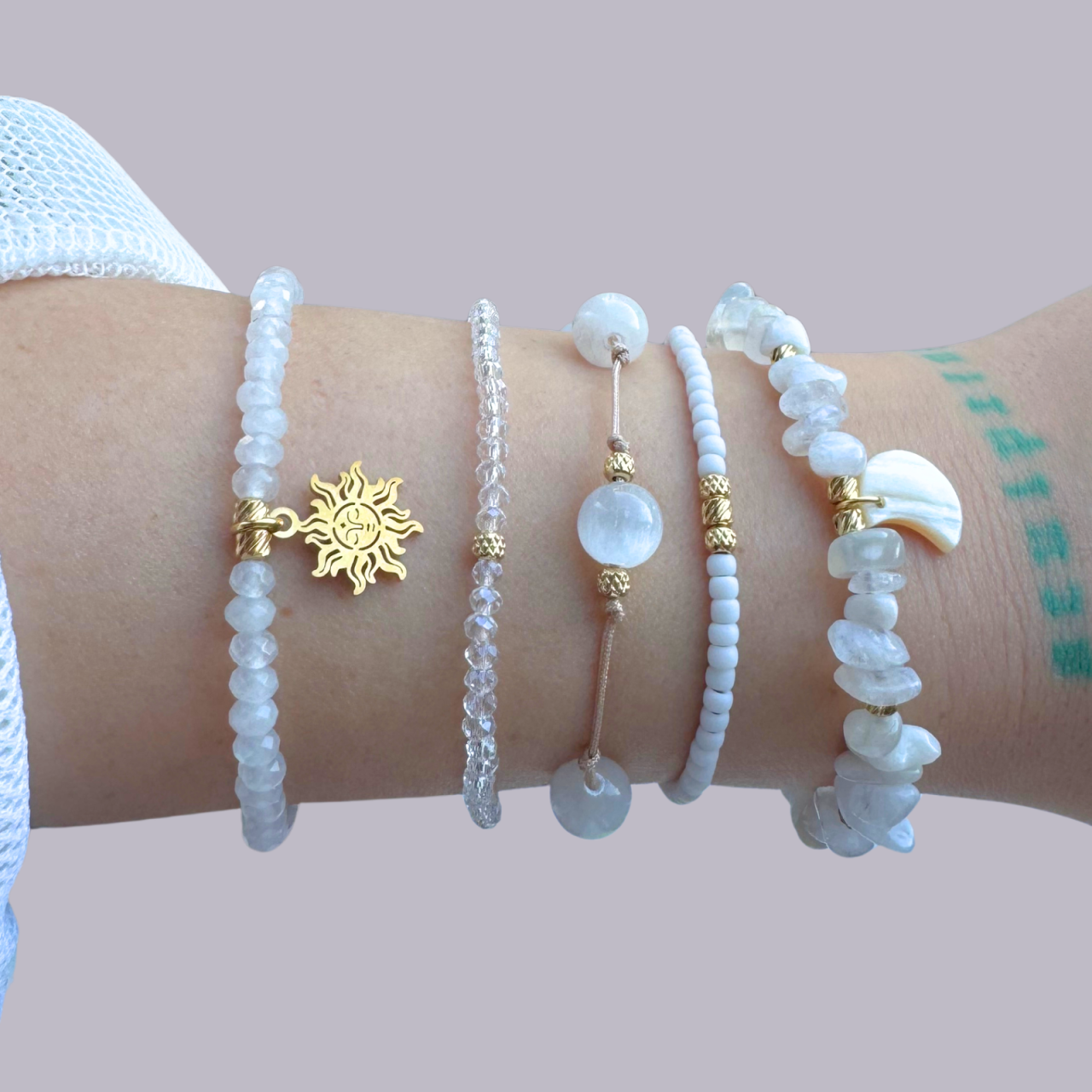 Set de bratari reglabile cu pietre semipretioase - selenit, jad, piatra lunii - Gold white [2]