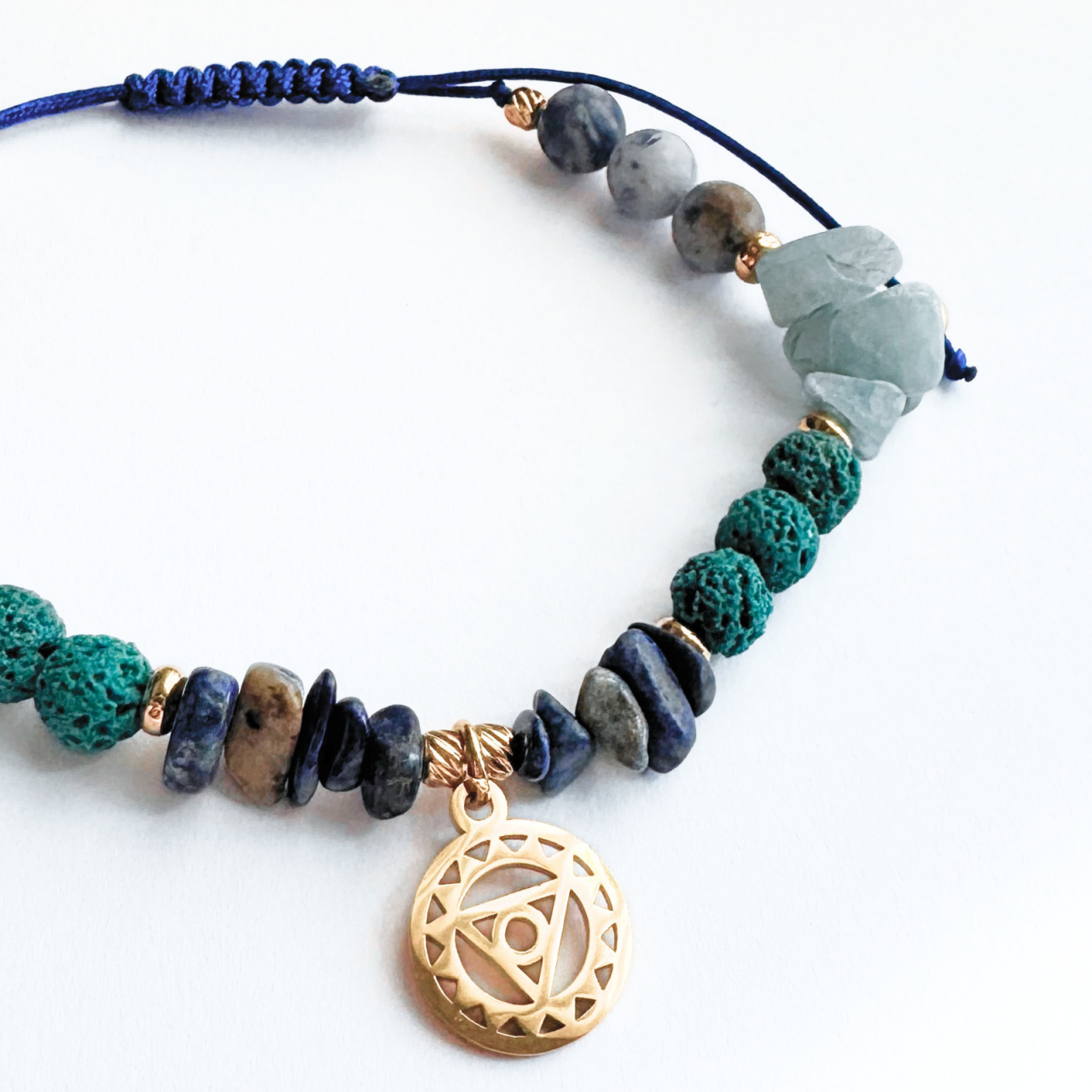 Bratara chakra Vishuddha (chakra gatului) cu acvamarin, sodalit, lapis lazuli si lava vulcanica - Comunicare si exprimare [3]