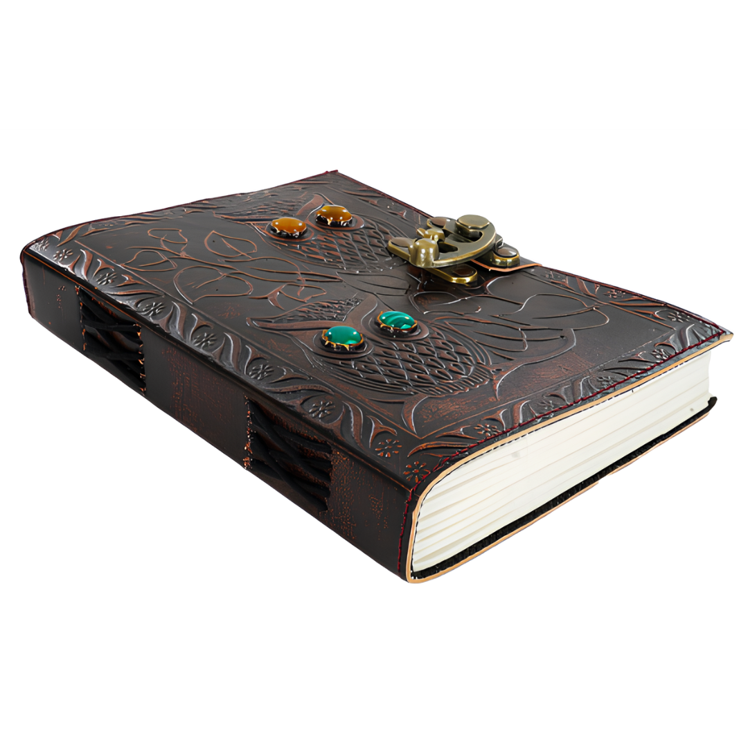 Jurnal din Piele Naturală Maro cu Bufnițe și Pietre Încrustate (13x18 cm) – Agendă Vintage cu Închizătoare Metalică [3]
