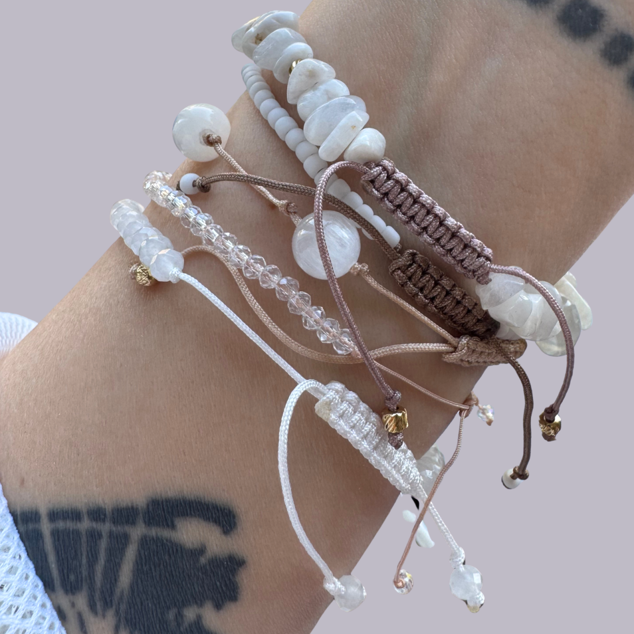 Set de bratari reglabile cu pietre semipretioase - selenit, jad, piatra lunii - Gold white [3]