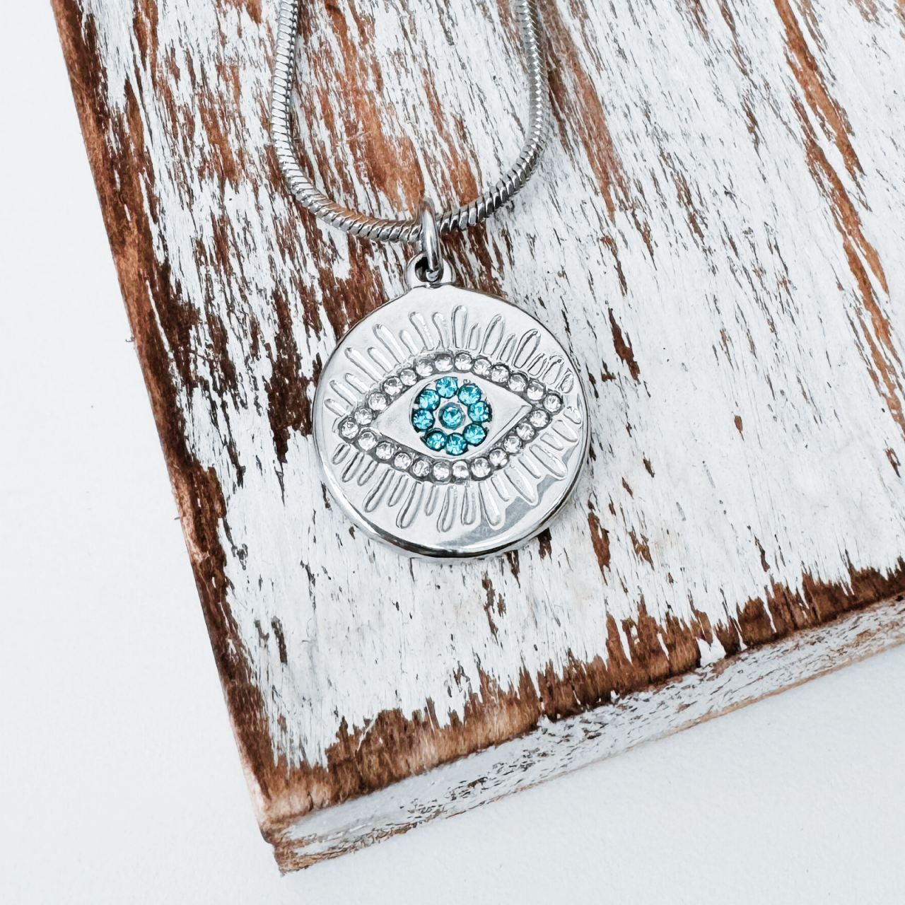 Colier Evil Eye din otel inoxidabil cu strasuri bleu - Protectie energii negative [5]
