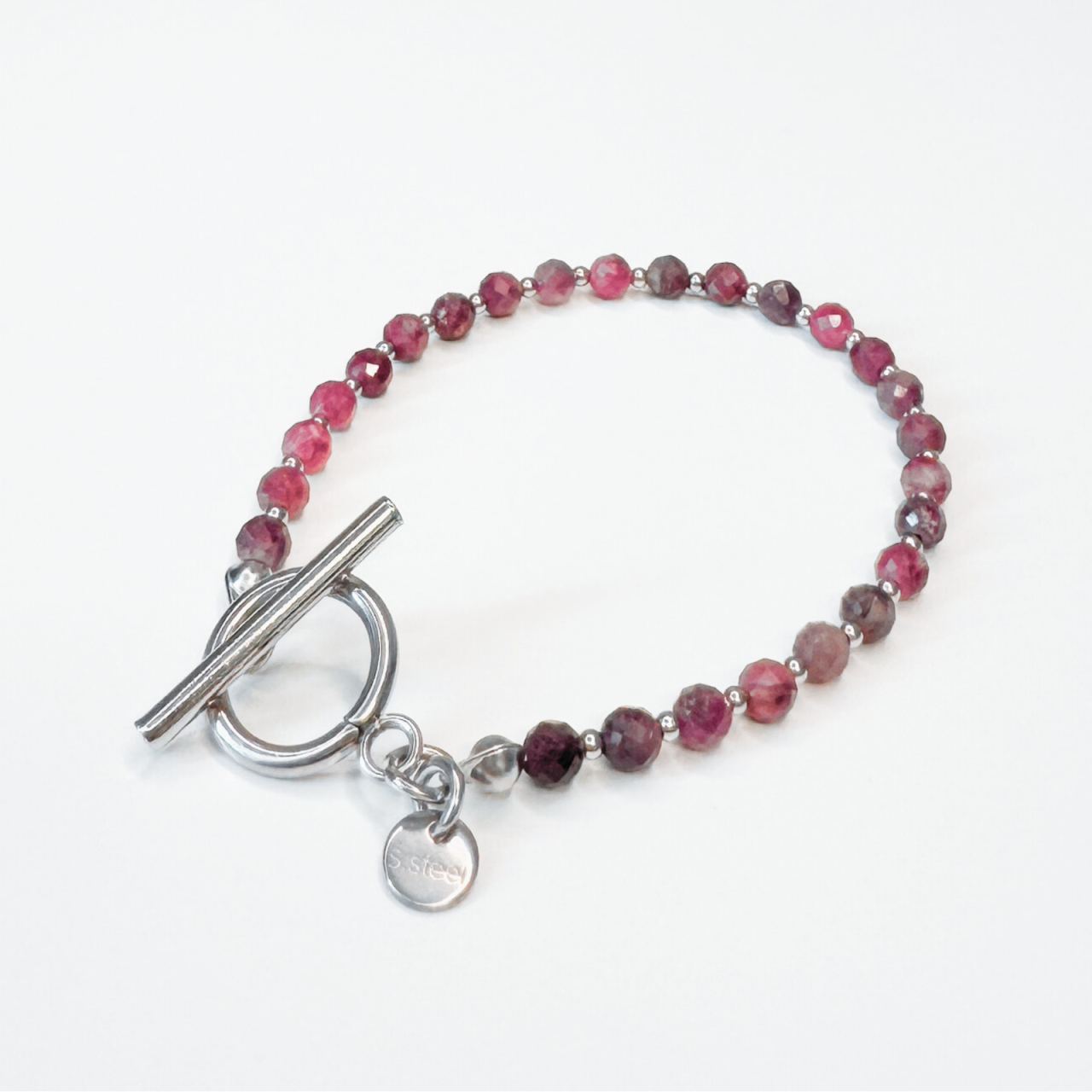 Bratara argintie din turmalina roz si otel inoxidabil cu inchizatoare toggle [4]