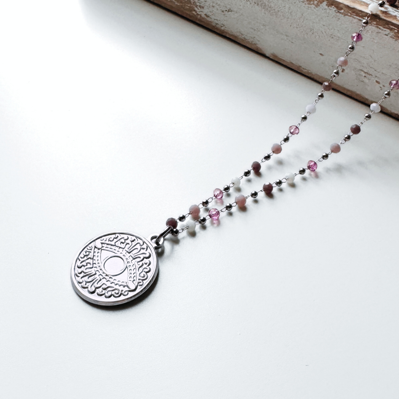 Colier Evil Eye din otel inoxidabil cu cristale roz - lila - Protectie energii negative [1]