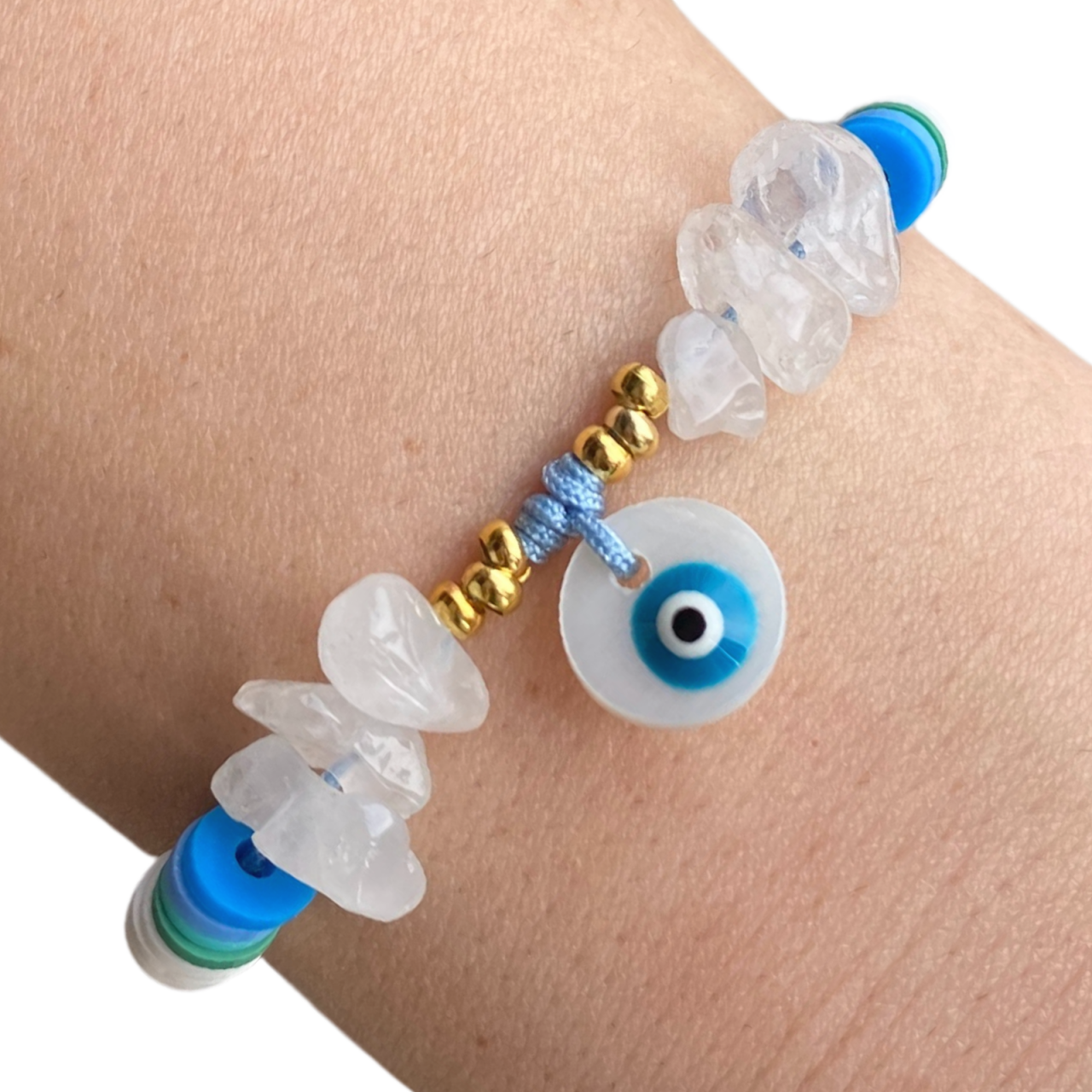Bratara cristale de cuart transparent cu pandantiv Evil Eye din sidef [3]