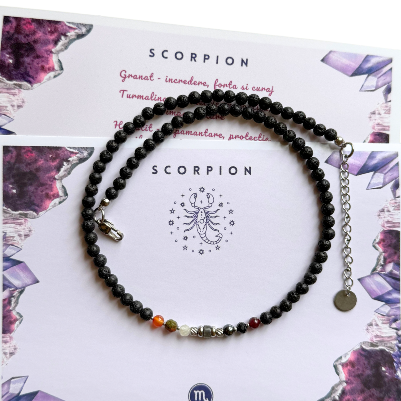 Colier la baza gatului cu 7 cristale si lava vulcanica pentru zodia Scorpion [1]