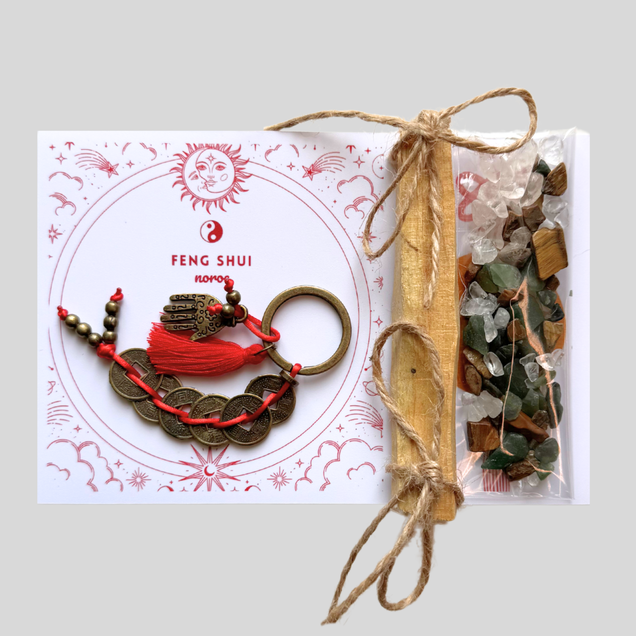 Mini set Feng Shui cu monede chinezesti, hamsa, palo santo si cristale - noroc [1]