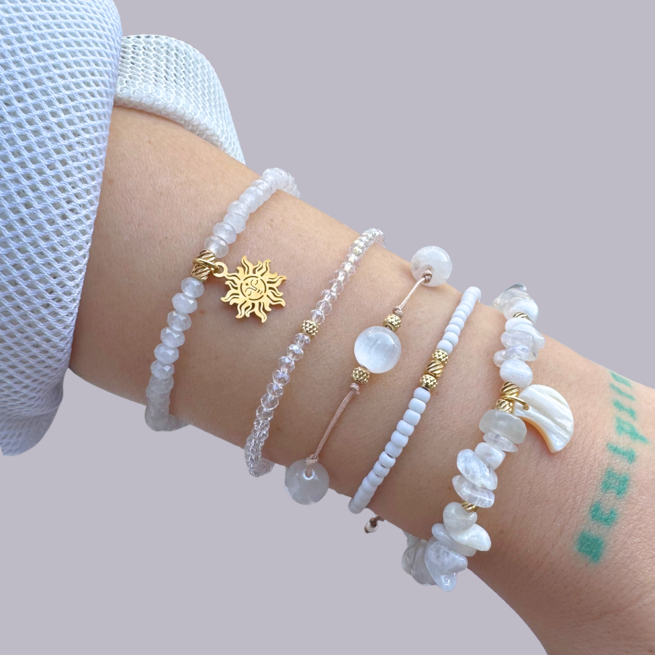 Set de bratari reglabile cu pietre semipretioase - selenit, jad, piatra lunii - Gold white [4]