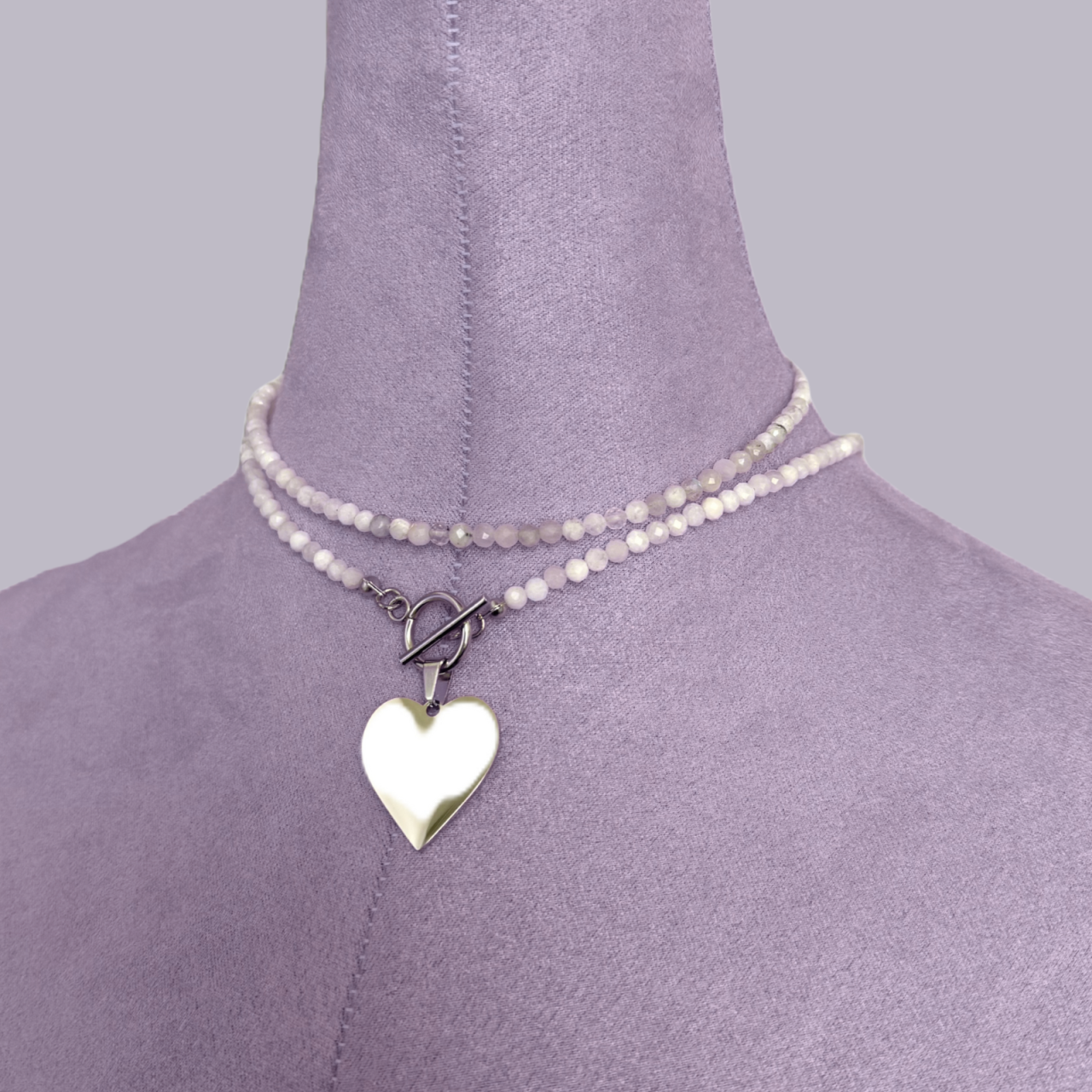 Colier / choker dublu la baza gatului cu piatra lunii si pandativ inima [2]