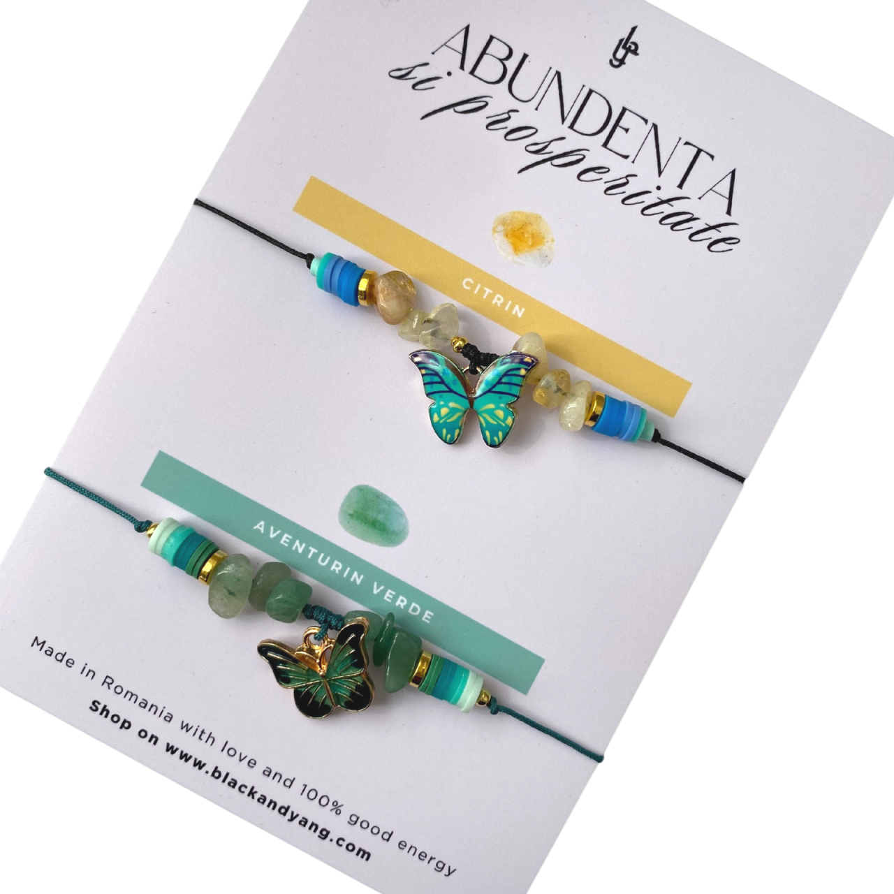 Set bratari cristale naturale de citrin si aventurin verde cu pandantive fluturi - abundenta si prosperitate [1]