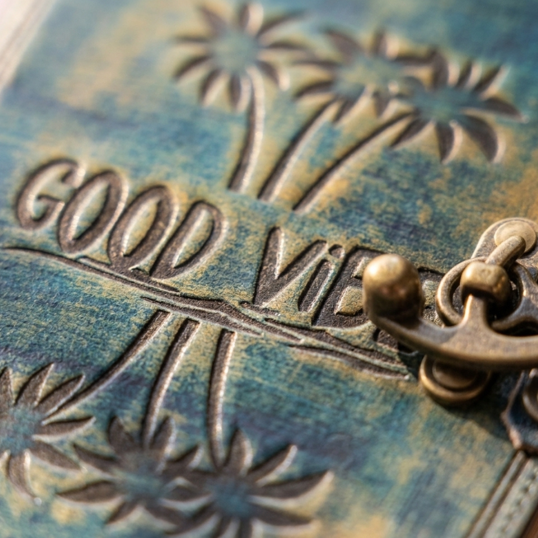 Jurnal din Piele Naturală Albastră „Good Vibes” (13x18 cm) – Agendă Vintage cu Palmieri Gravați și Închizătoare Metalică [4]