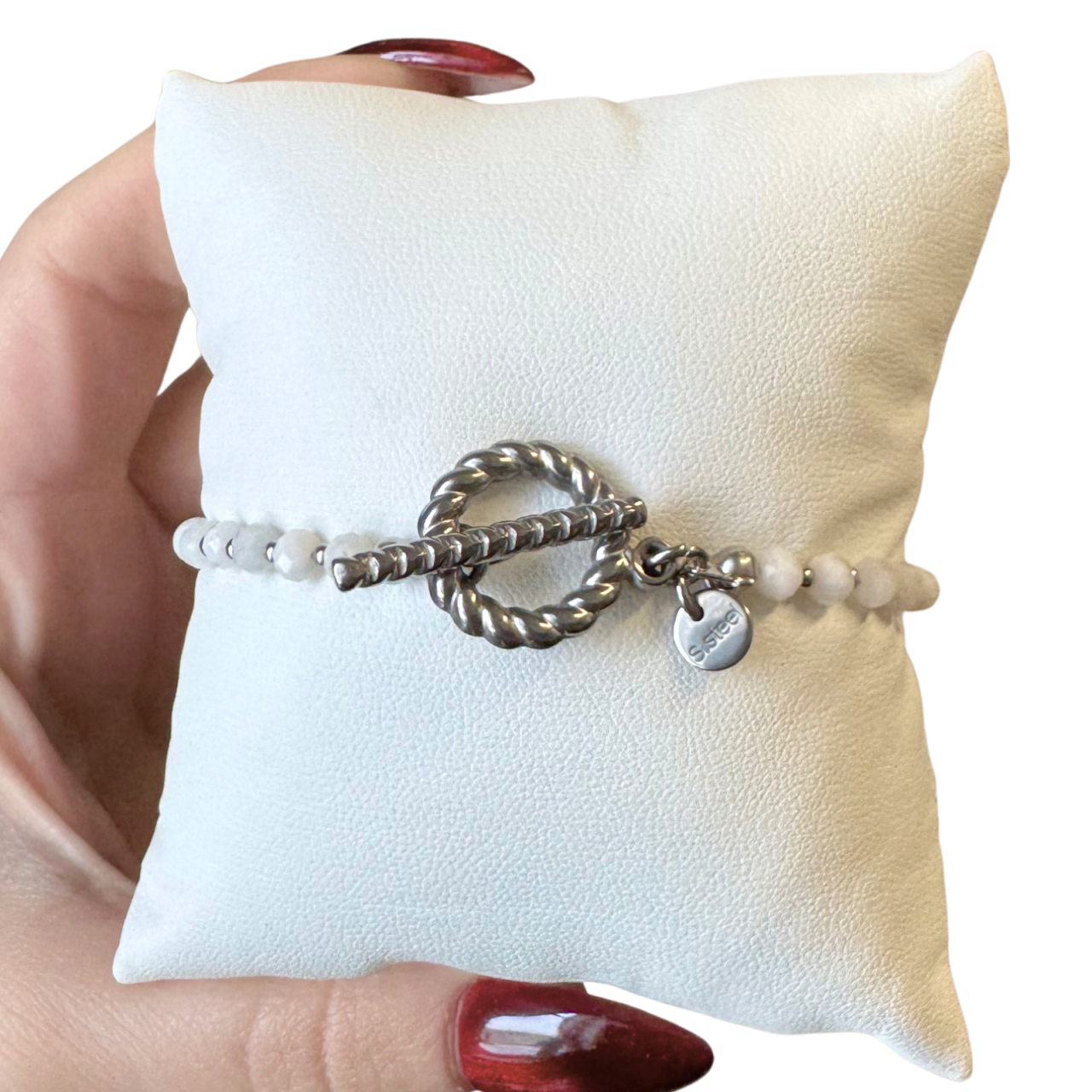 Bratara argintie din piatra lunii si otel inoxidabil cu inchizatoare toggle [2]