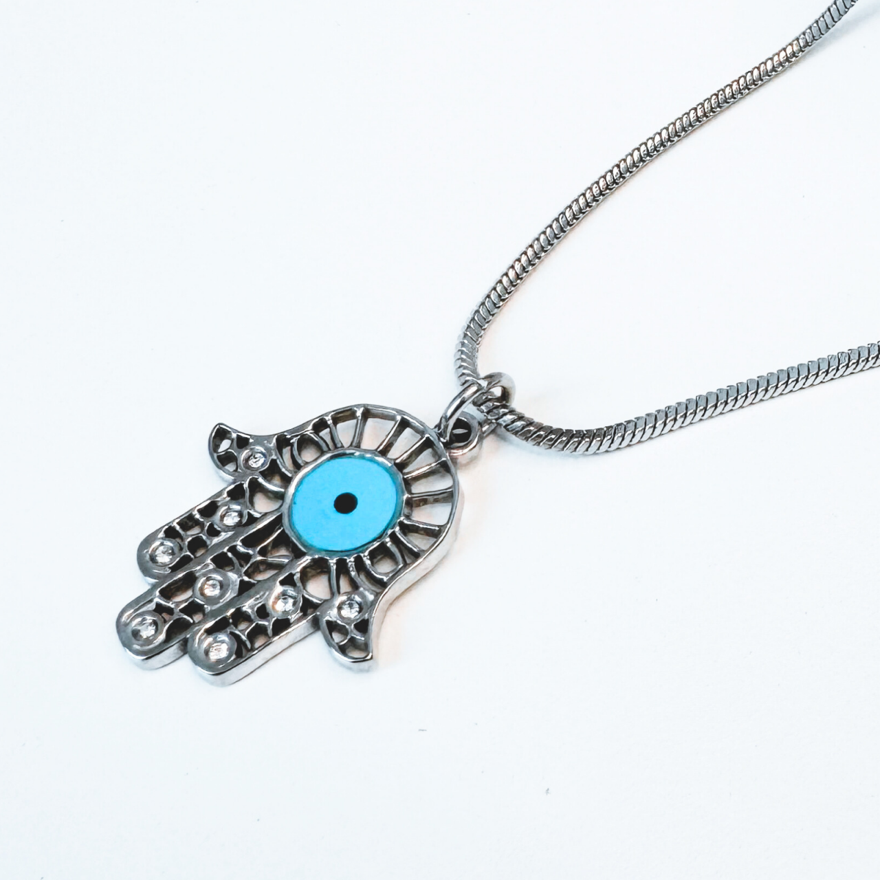 Colier Hamsa din otel inoxidabil cu Evil Eye bleu - Protectie energii negative [4]