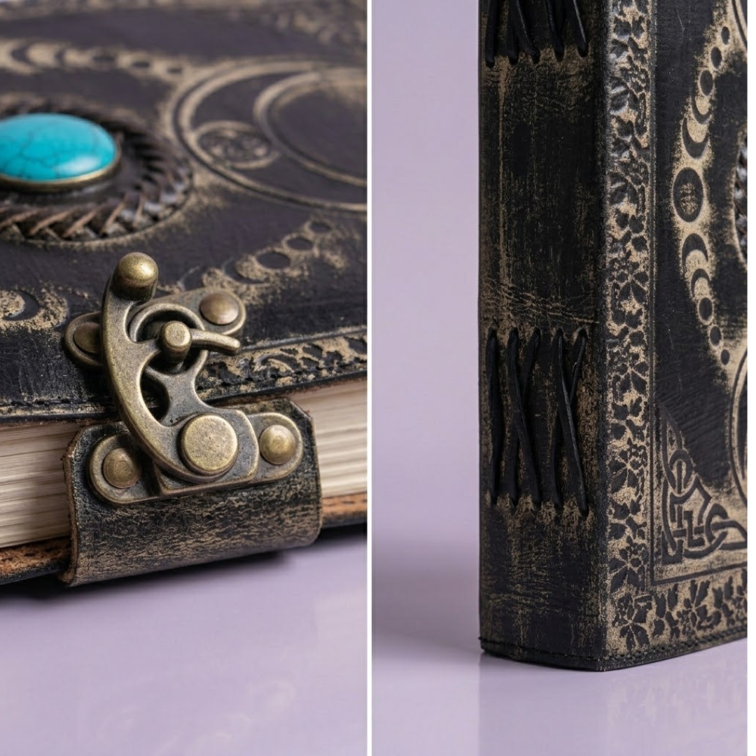 Jurnal din Piele Naturală Neagră Patinată cu Fazele Lunii și Turcoaz (13x18 cm) – Agendă Vintage Mistică cu Închizătoare Metalică [2]