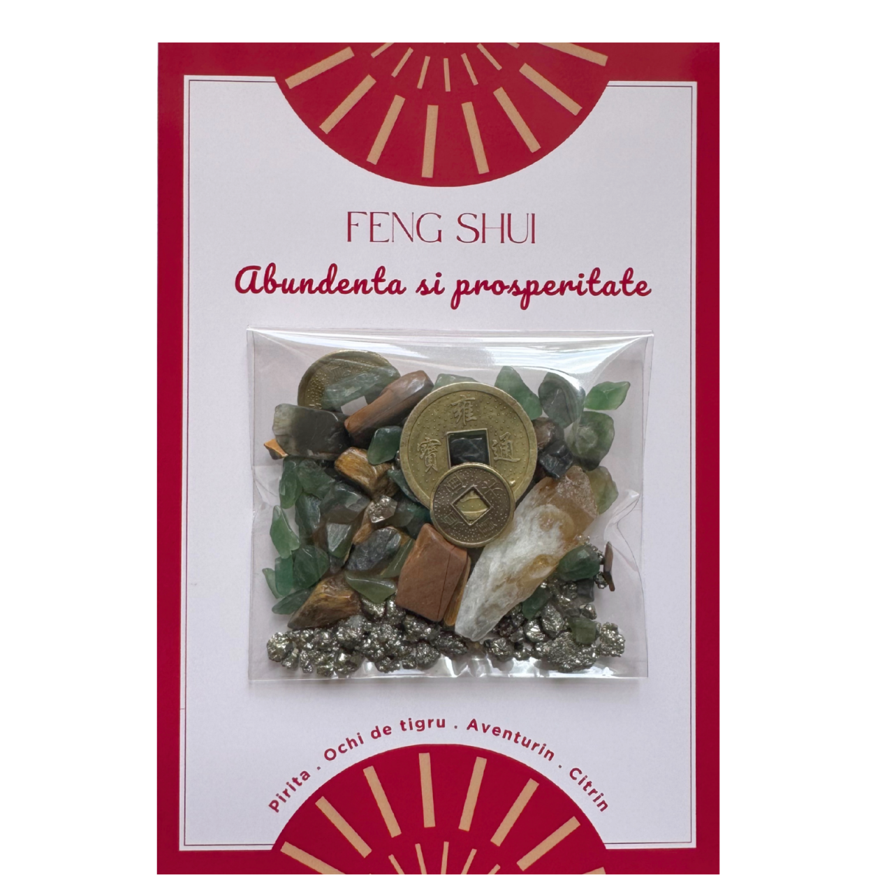 Mix Feng Shui cristale si monede chinezesti - abundenta si prosperitate - pirita, citrin, ochi de tigru si aventurin verde [1]