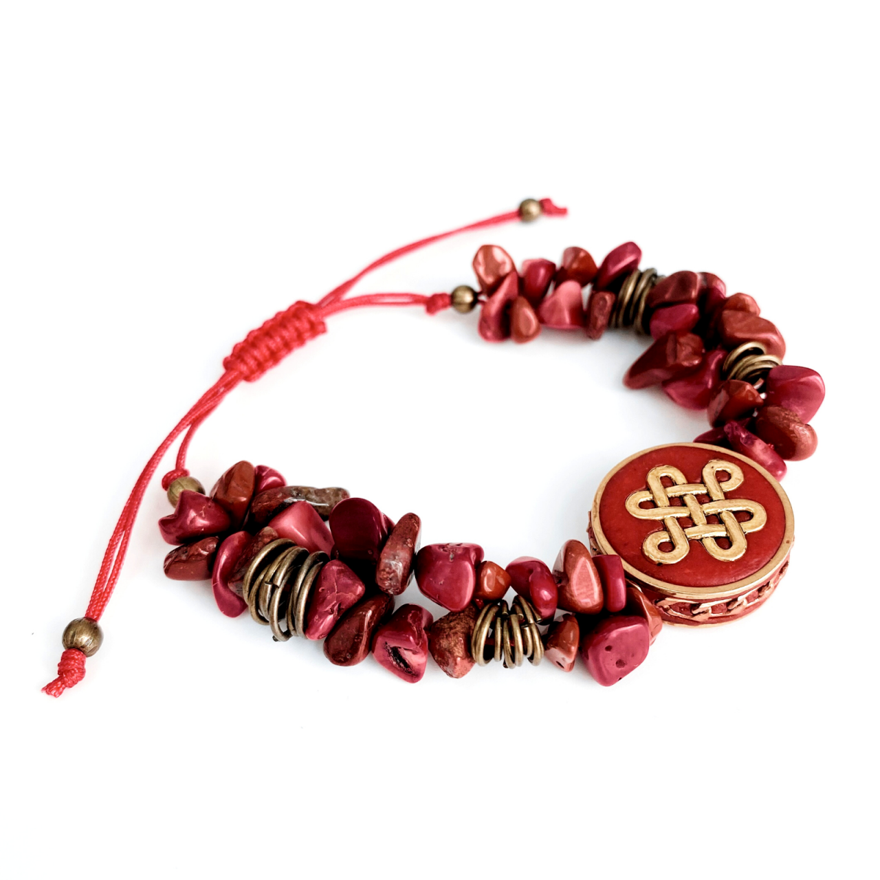 Bratara rosie masiva din coral si jasp rosu cu moneda simbol nod chinezesc [4]