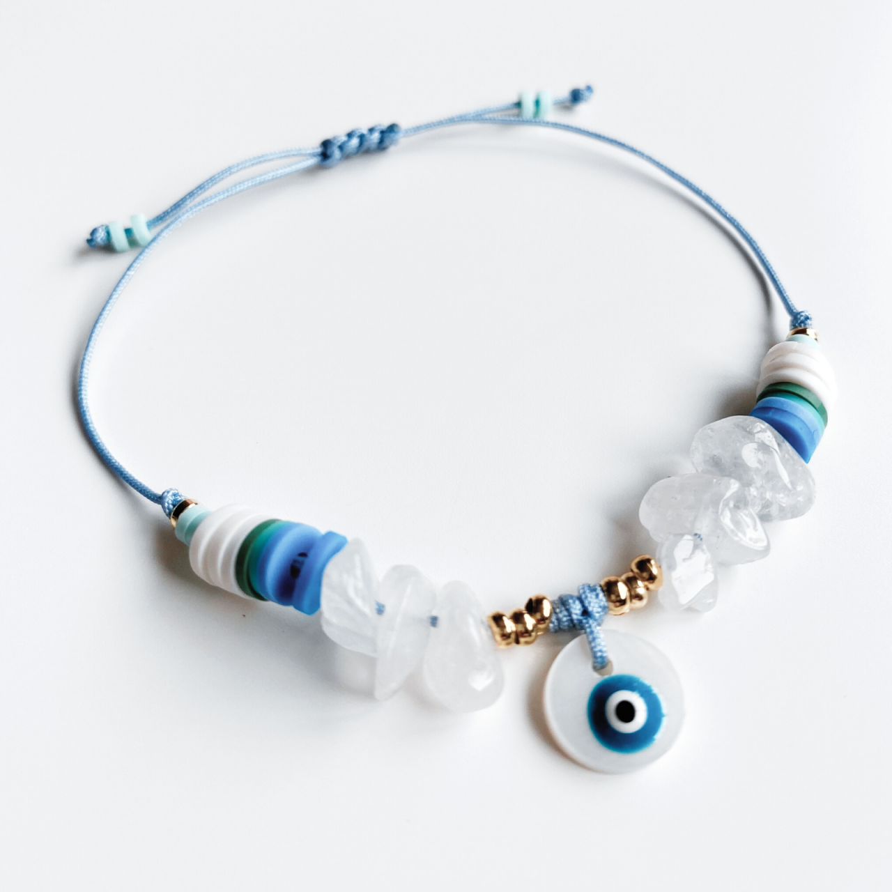 Bratara cristale de cuart transparent cu pandantiv Evil Eye din sidef [2]
