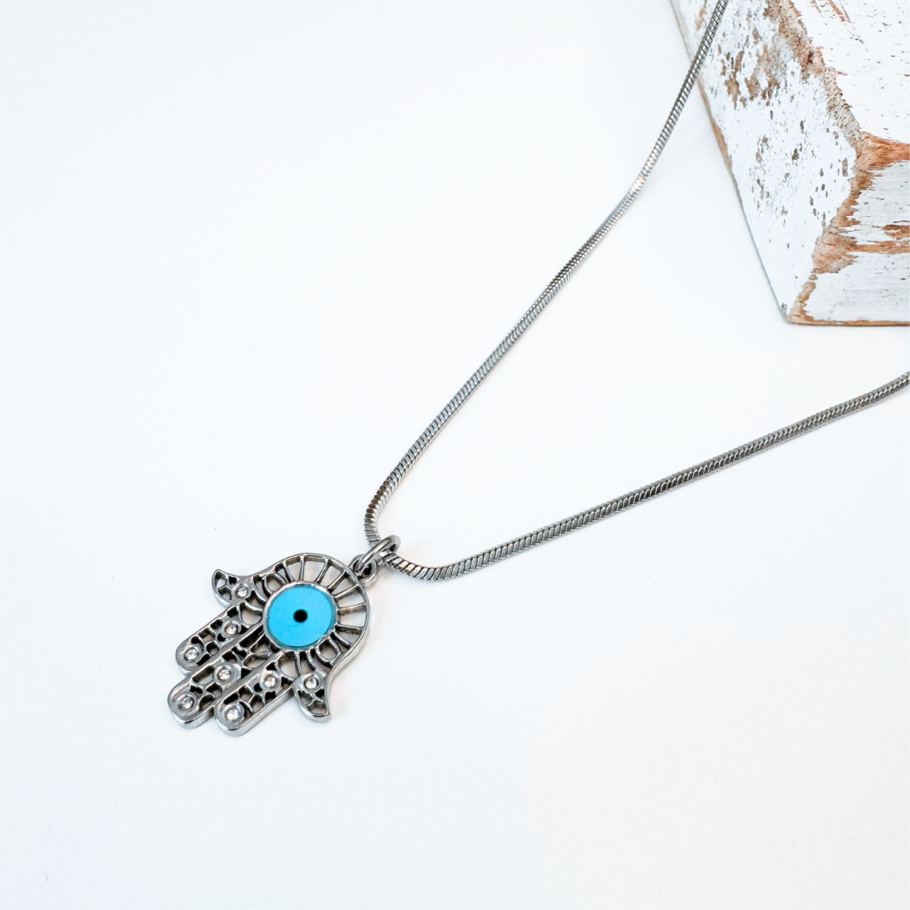 Colier Hamsa din otel inoxidabil cu Evil Eye bleu - Protectie energii negative [1]