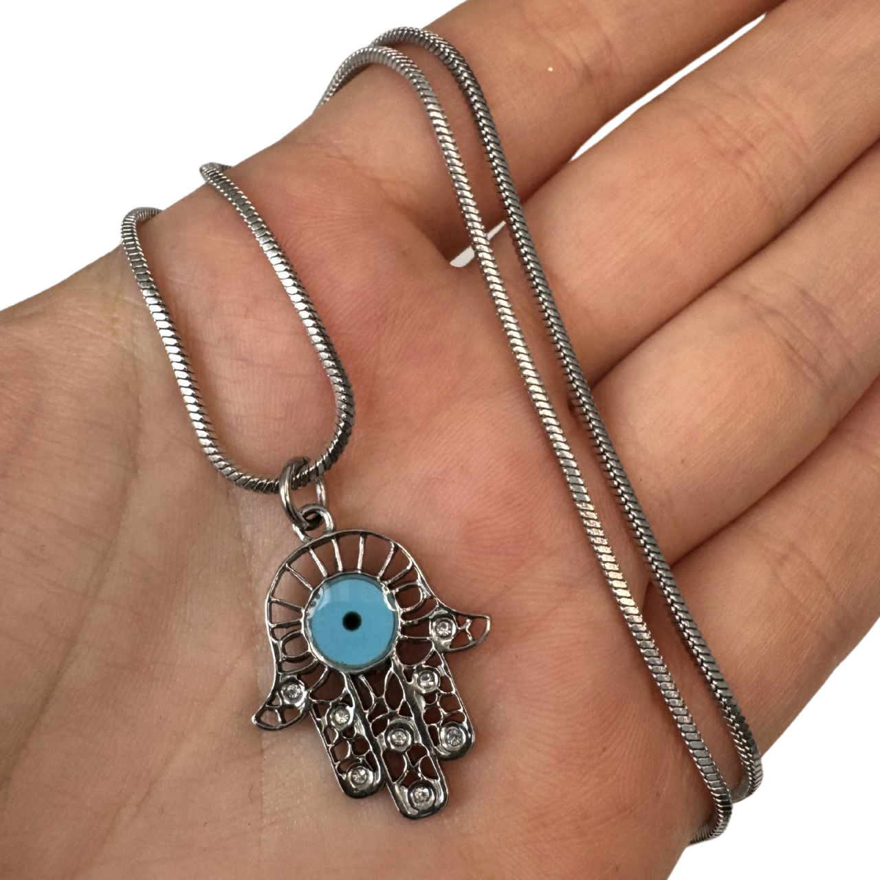 Colier Hamsa din otel inoxidabil cu Evil Eye bleu - Protectie energii negative [3]