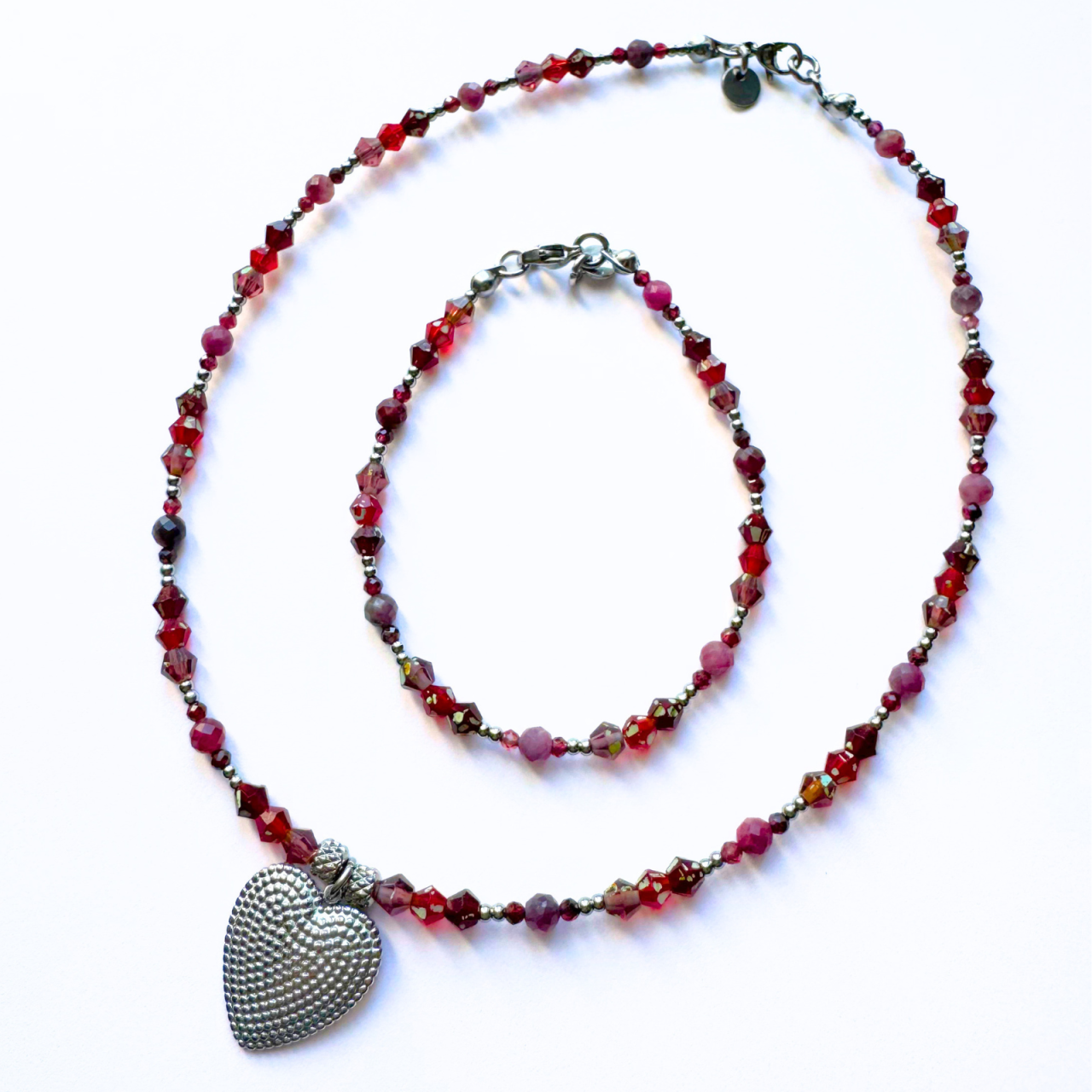 Set colier si bratara turmalina roz, granat si cristale din sticla [2]