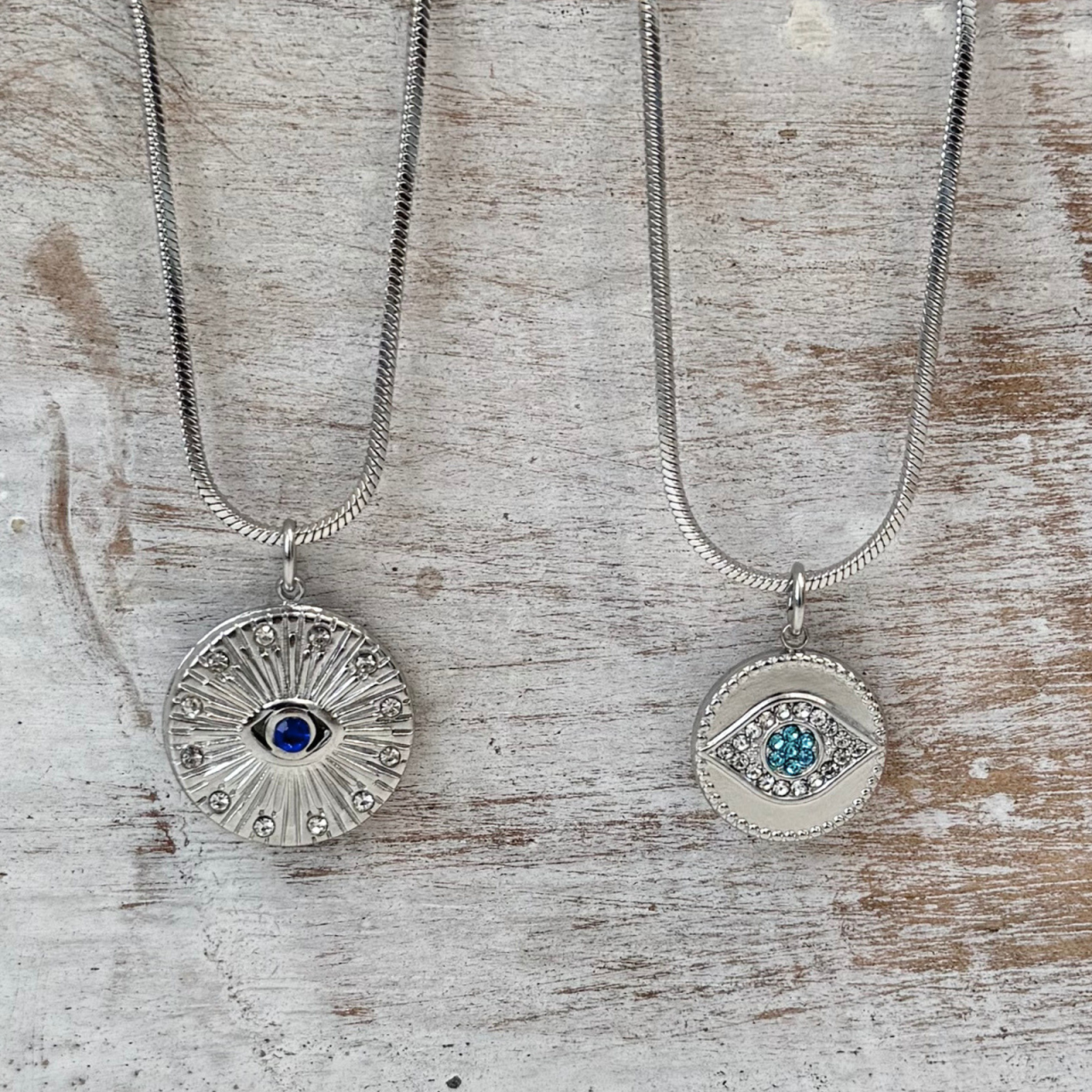 Colier Evil Eye din otel inoxidabil cu strasuri albe si bleu - Protectie energii negative [5]