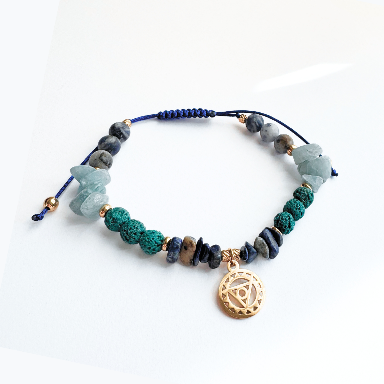 Bratara chakra Vishuddha (chakra gatului) cu acvamarin, sodalit, lapis lazuli si lava vulcanica - Comunicare si exprimare [1]
