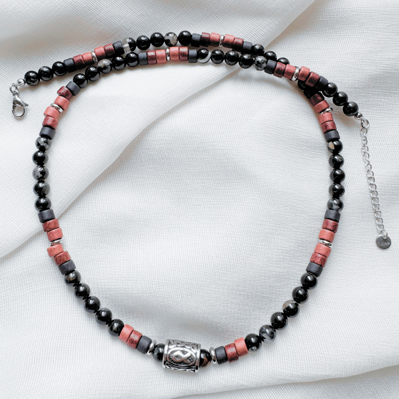 Colier barbati din turmalina neagra, ceramica si pandativ Rune Vikinge - Othala [3]