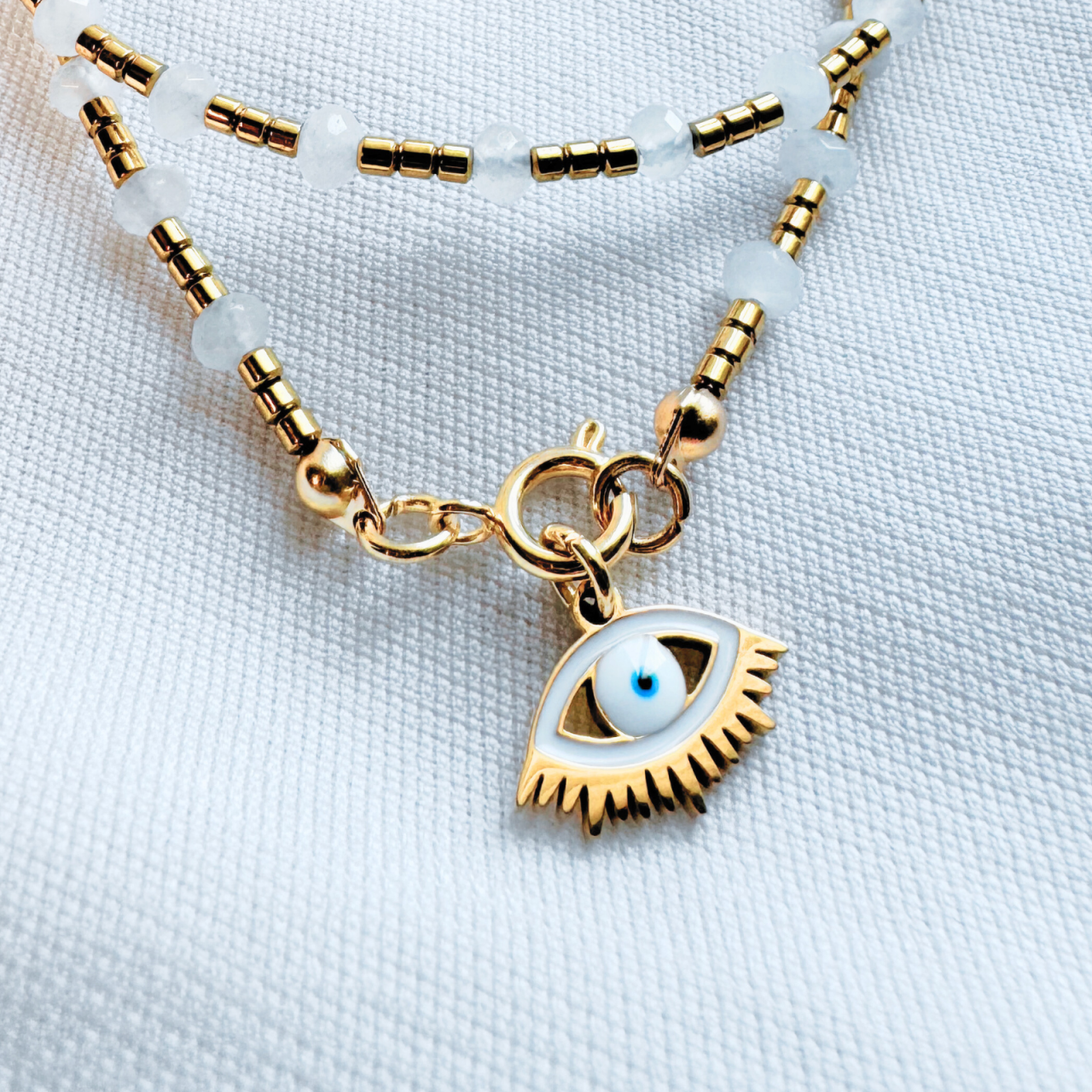 Colier la baza gatului din hematit si jad alb cu pandantiv evil eye [2]