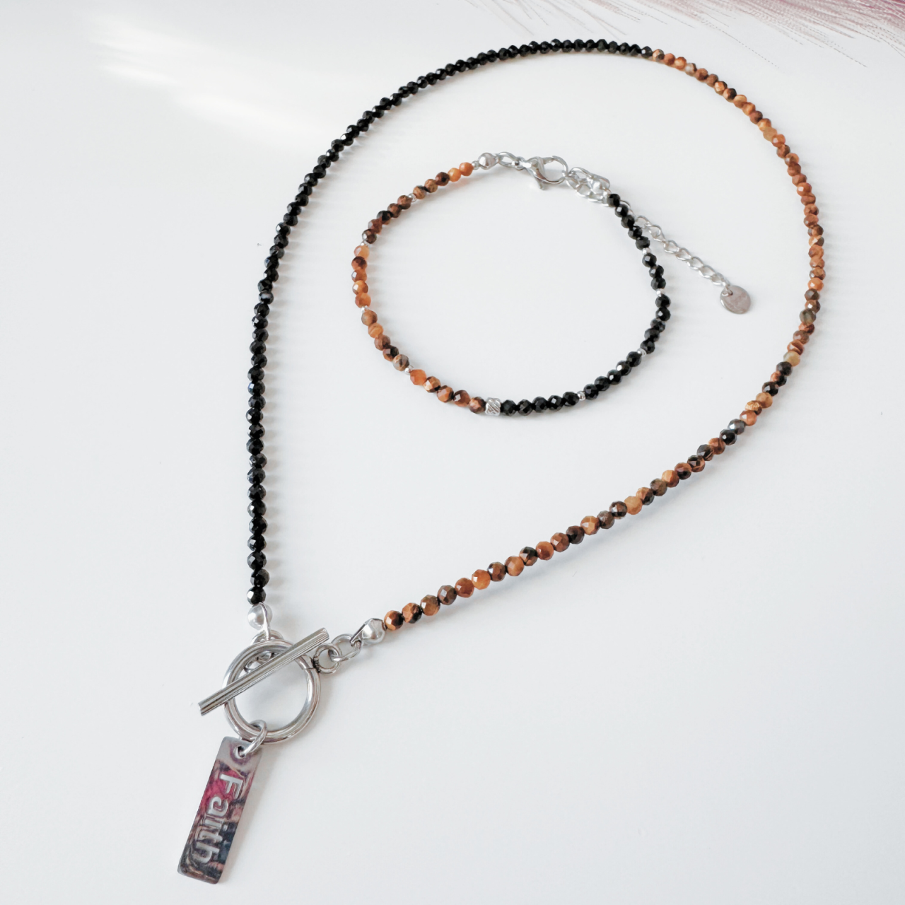 Colier argintiu la baza gatului cu turmalina neagra si ochi de tigru -  Protectie, forta, impamantare [3]