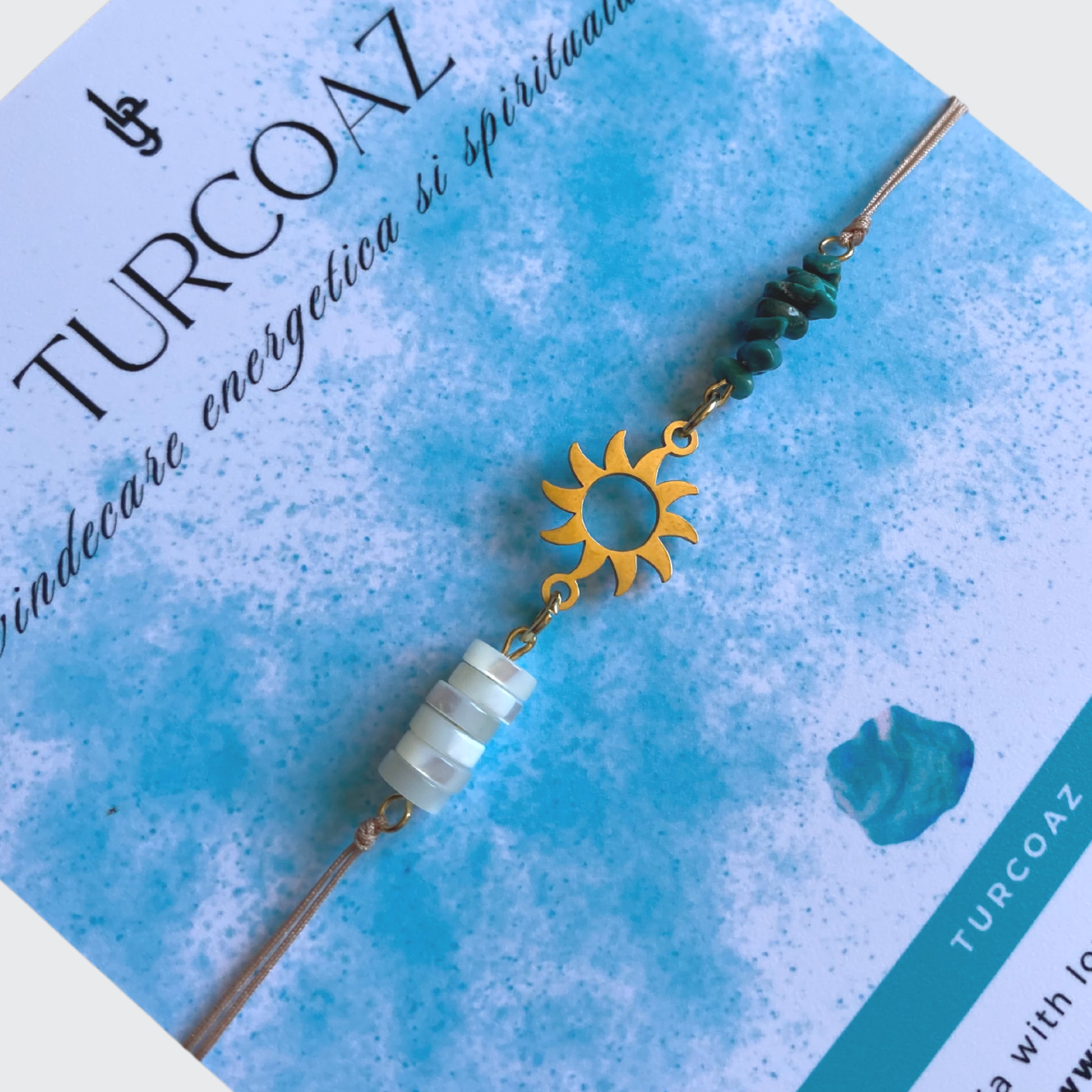 Bratara din turcoaz natural si sidef cu pandantiv soare din otel inoxidabil - vindecare energetica si spirituala [3]