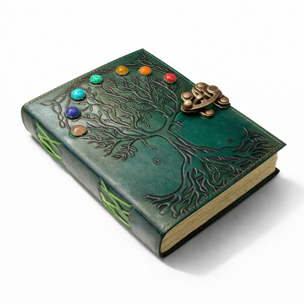 Agenda / Jurnal din piele naturala cu pagini tip pergament si inchidere metalica - Copacul vietii 7 chakre [2]