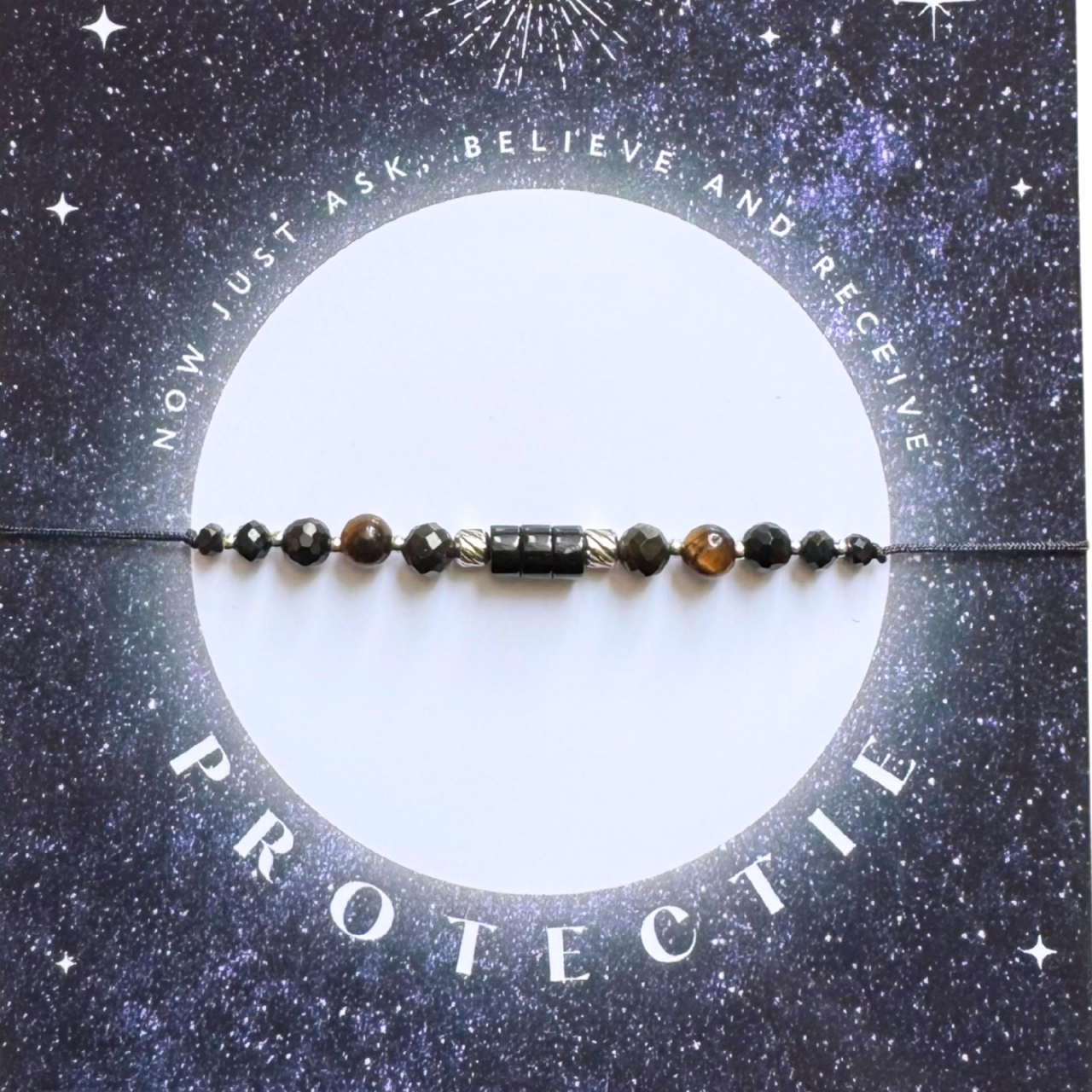 Bratara energetica mix cristale pentru protectie - turmalina neagra, onix, obsidian, ochi de tigru - argintiu [2]