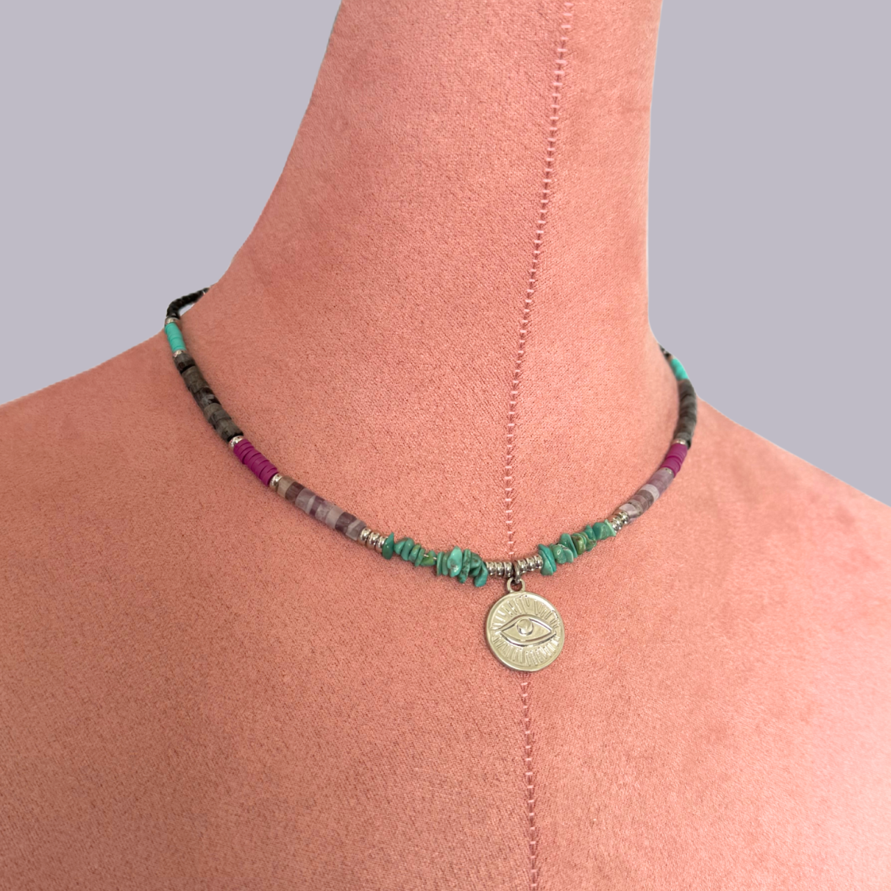 Colier colorat cu cristale si pandantiv Evil Eye - ametist, turmalina, labradorit, turcoaz [5]