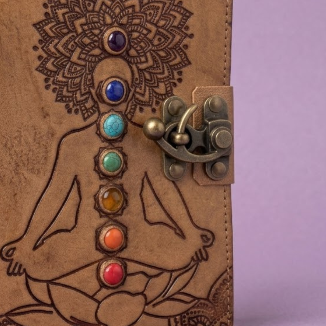 Jurnal din Piele Naturală Maro „7 Chakra” cu Pietre Semiprețioase (13x18 cm) – Agendă Vintage Mistică cu Închizătoare Metalică [2]