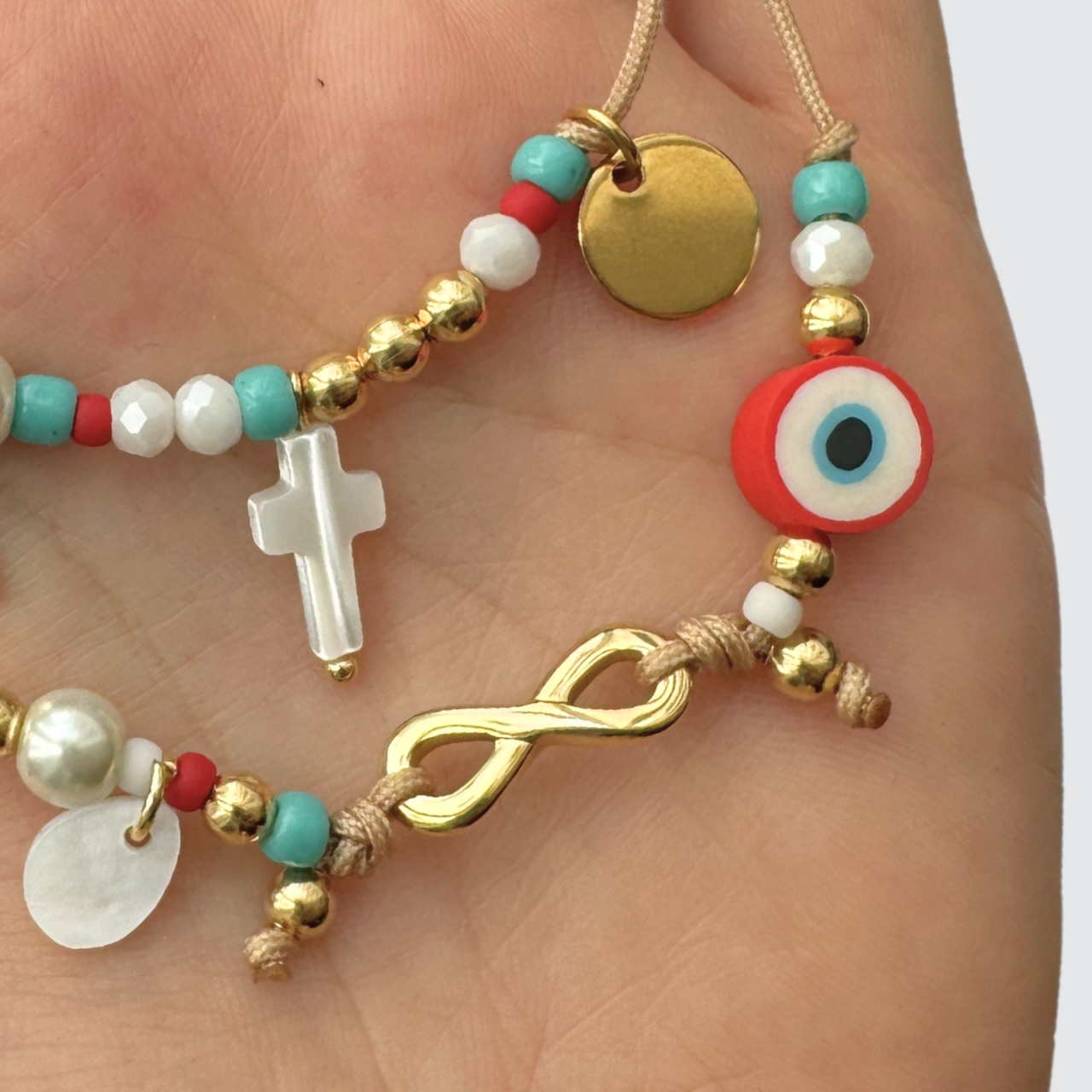 Set bratari din otel auriu cu semnul infinitului, evil eye, cruce si initiala personalizabila [3]