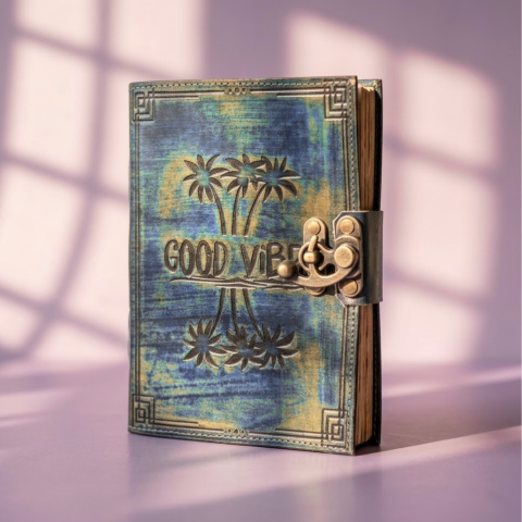 Agende si Jurnale - Jurnal din Piele Naturală Albastră „Good Vibes” (13x18 cm) – Agendă Vintage cu Palmieri Gravați și Închizătoare Metalică