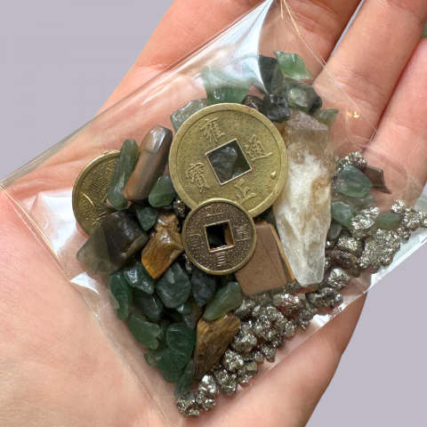 Mix Feng Shui cristale si monede chinezesti - abundenta si prosperitate - pirita, citrin, ochi de tigru si aventurin verde [2]
