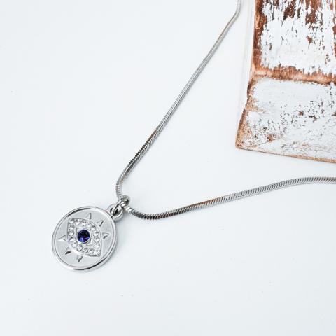 Reduceri ✨ - Colier Evil Eye din otel inoxidabil cu strasuri - Protectie energii negative
