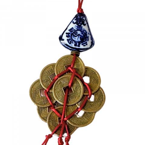 Talisman / amuleta Feng Shui pentru casa cu 9 monede chinezesti, selenit si jad verde - noroc, abundenta si curatare energetica [1]