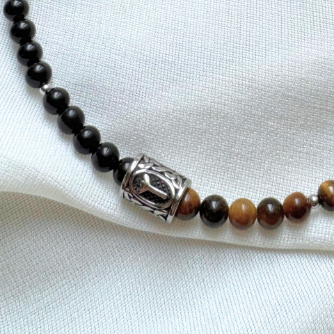 Colier barbati ochi de tigru, obsidian si pandativ Rune Vikinge - Algiz [2]