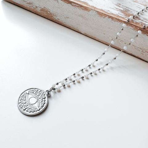 Reduceri ✨ - Colier Evil Eye din otel inoxidabil cu albe - Protectie energii negative