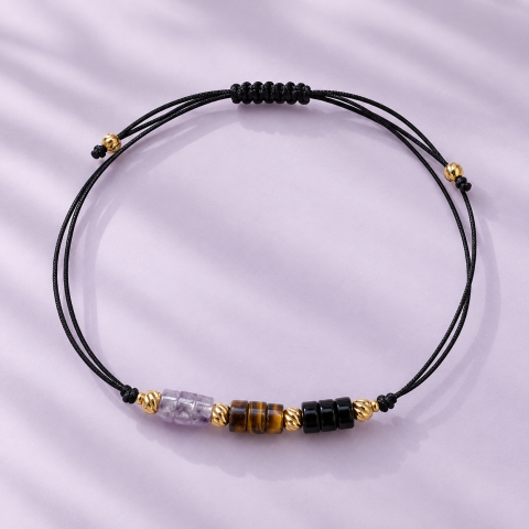 Produse noi - Brățară energetica cu Onix negru, Ochi de Tigru și Ametist cu elemente metalice din oțel inoxidabil placat auriu - protectie si armonie