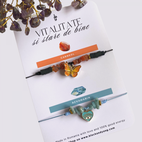 Bratari - Set bratari cristale naturale de acvamarin si carneol - Vitalitate si stare de bine